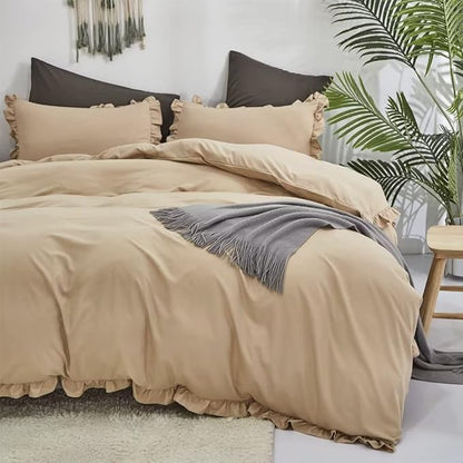 CLOTHKNOW Taupe Ruffles King Size Comforter Set 3Pcs Farmhouse Bedding Comforter Sets Champagne Comforter Light Brown Comforter with 2 x Pillow Cases