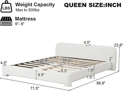 Queen Size Bed Frame, Upholstered Cloud Boucle Platform Beds Frames with Headboard, Anti-Collision Soft Rounded Corners Footboard, No Box Spring Required, Easy Assembly (23.8" White, Queen)