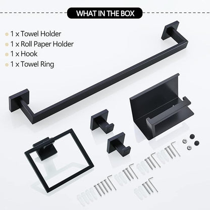 TNOMS Black Towel Bar Set 5-Piece Bathroom Hardware Set Including 23.6 Inch Towel Bar,Towel Ring Towel Hook and Toilet Paper Holder with Shelf,Stainless Steel Bathroom Accessories Set