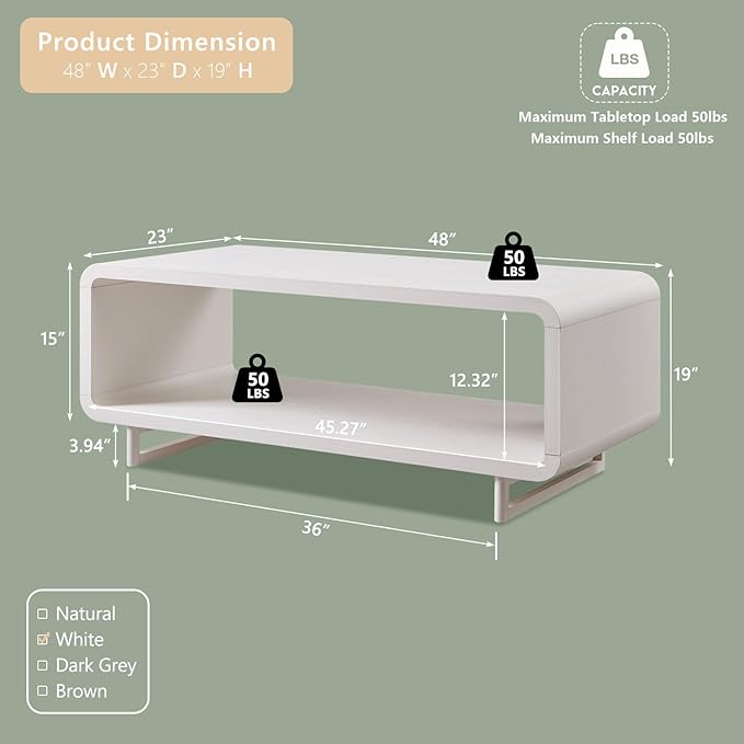 48" Modern Coffee Table, 2-Tier Minimalist Center Table with Storage Shelf, Curved Profile Design, Wooden Rectangular Living Room Table w/Wood Thick Design for Living Room, Office, White