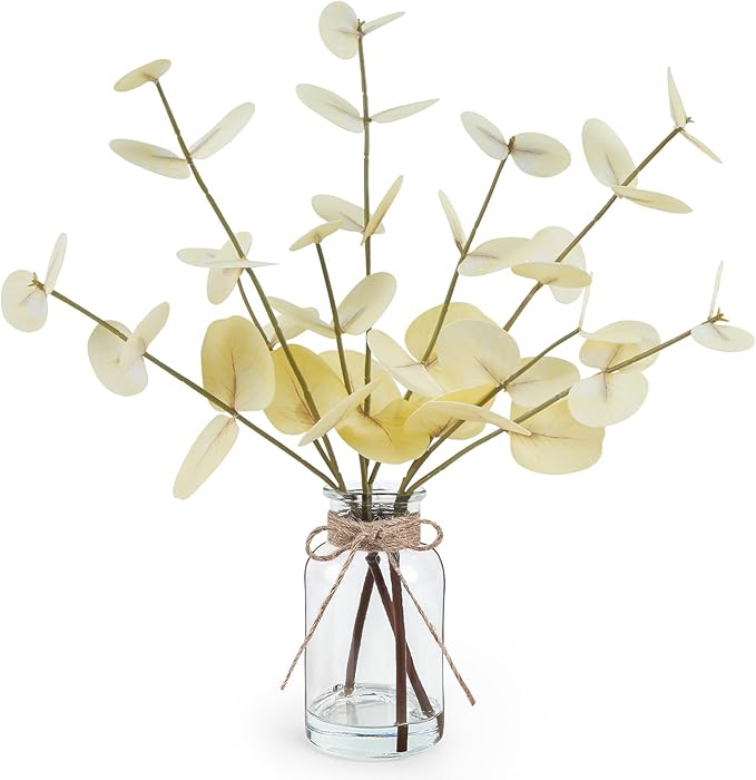 Artificial Eucalyptus Stems in Glass Vase with Faux Water, 14" Fake Plants for Home Decor Centerpieces, Office, Bathroom & Farmhouse Weddings - Faux Plants Decorations