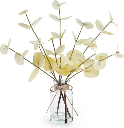 Artificial Eucalyptus Stems in Glass Vase with Faux Water, 14" Fake Plants for Home Decor Centerpieces, Office, Bathroom & Farmhouse Weddings - Faux Plants Decorations