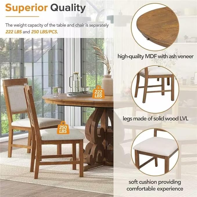 Merax Round Solid Wood Dining Table Set for 4, Farmhouse Kitchen Table Set with 4 Upholstered Chairs, 5-Piece Table and Chairs Set for Kitchen, Dining Room, Living Room, Walnut