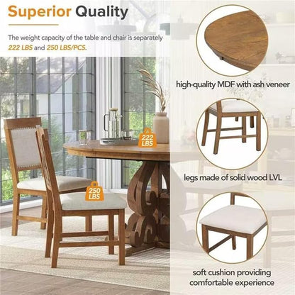 Merax Round Solid Wood Dining Table Set for 4, Farmhouse Kitchen Table Set with 4 Upholstered Chairs, 5-Piece Table and Chairs Set for Kitchen, Dining Room, Living Room, Walnut
