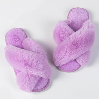 Women's Slipper Memory Foam Cross Band Fuzzy Slippers Open Toe Cozy House Slippers Cozy Plush Bedroom Indoor Outdoor