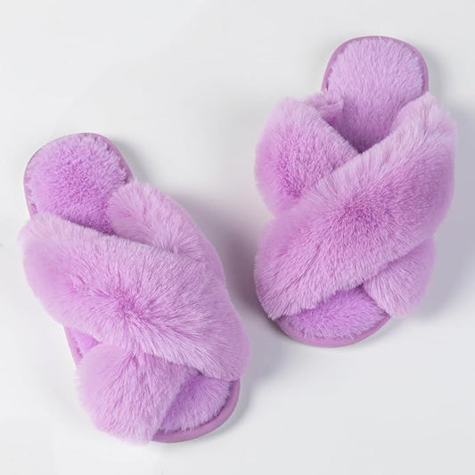 Women's Slipper Memory Foam Cross Band Fuzzy Slippers Open Toe Cozy House Slippers Cozy Plush Bedroom Indoor Outdoor