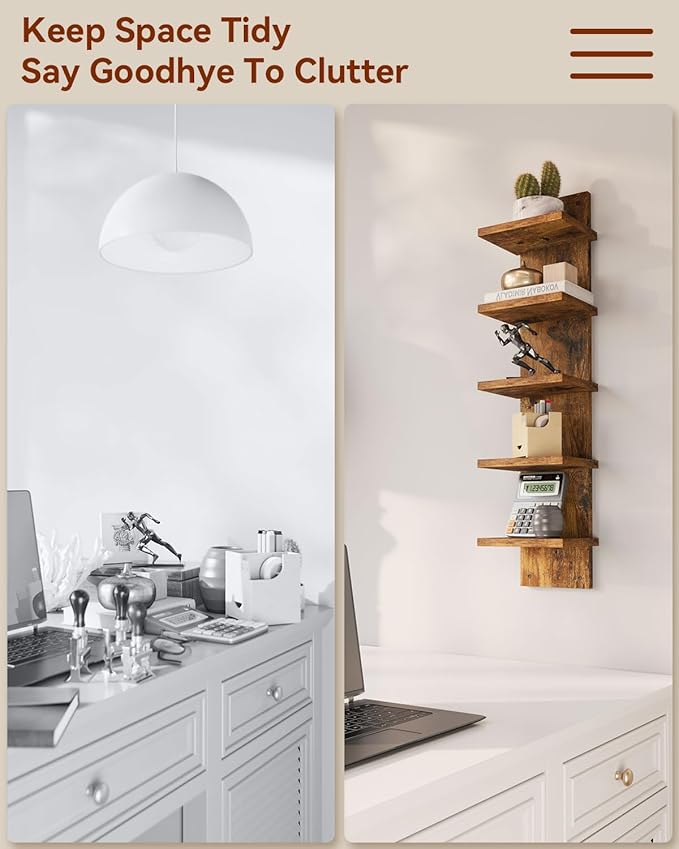 IBUYKE 5 Tier Wall Shelf Unit,Brown Vertical Shelf,Decorative Wall Mount Vertical Shelving for Home, Bedroom,Living Room,Office Decor WBC009H