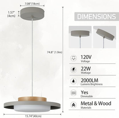 Modern Pendant Lights,15 inch,Natural Wood Cap,3000K/Warm White/22W Dimmable,LED Pendant Light Fixtures for Kitchen, Dining Room, Living Room,Gray
