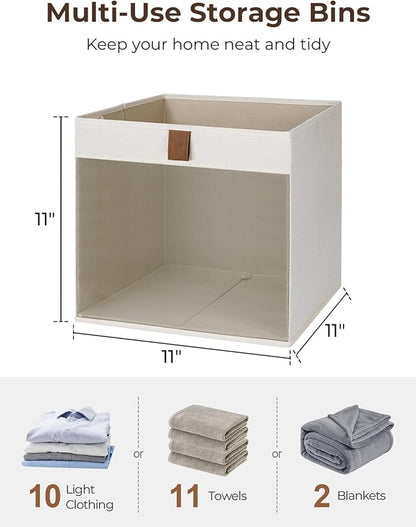StorageWorks 11x11 Storage Cubes, Closet Storage Bins with Clear Window, Fabric Organizer for Clothes, Collapsible Storage Baskets with PU Handles, Beige, 3-Pack