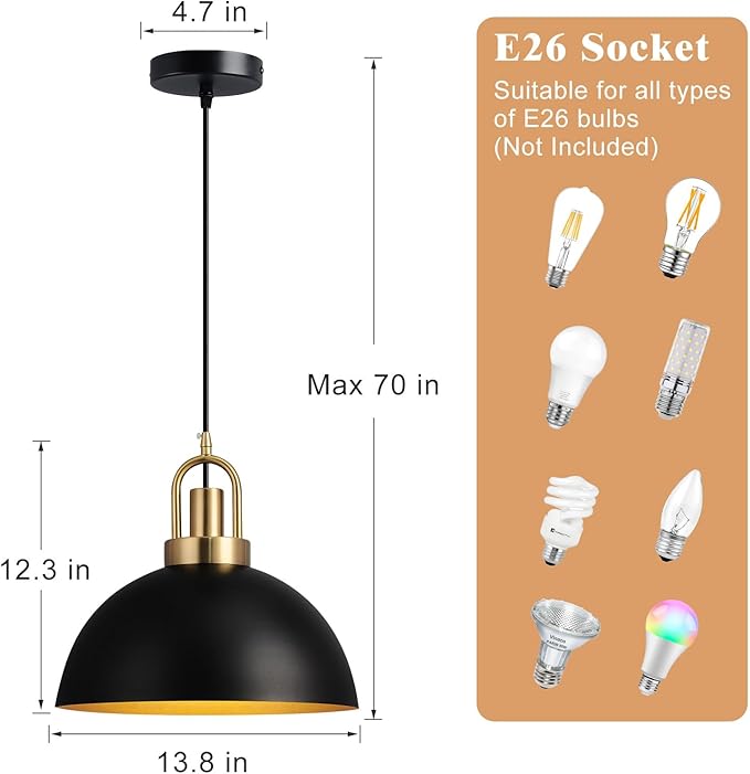 Eustace 13.7'' Matte Black and Gold Farmhouse Pendant Light, Adjustable Hanging Lamp,Industrial Ceiling Lights Fixture for Kitchen Island Dining Room Hallway Restaurant