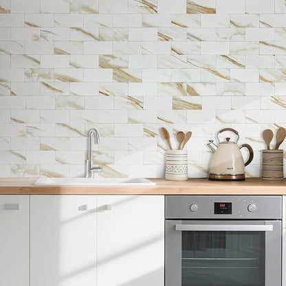 AULIGET 3" x 6" Subway Tile Peel and Stick Backsplash, Thick PVC Stick on Wall Tiles (4, Calacatta Gold)