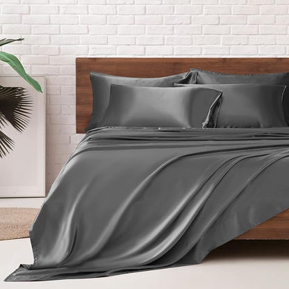 MR&HM Satin Bed Sheets, Queen Size Sheets Set, 6 Pcs Silky Bedding Set with 15 Inches Deep Pocket for Mattress (Queen, Dark Grey)