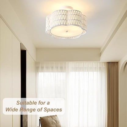13.4" Boho Light Fixtures Flush Mount, 3-Light Rattan Ceiling Light Fixtures Flush Mount Gold for Bedroom, Flower-Shaped Close to Ceiling Light Fixture for Hallway Kitchen Dining Room(White)