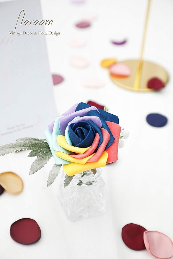 Floroom Artificial Flowers 25pcs Real Looking Whimsical Blue Foam Fake Roses with Stems for DIY Wedding Bouquets Baby Shower Centerpieces Floral Arrangements Party Tables Home Decorations