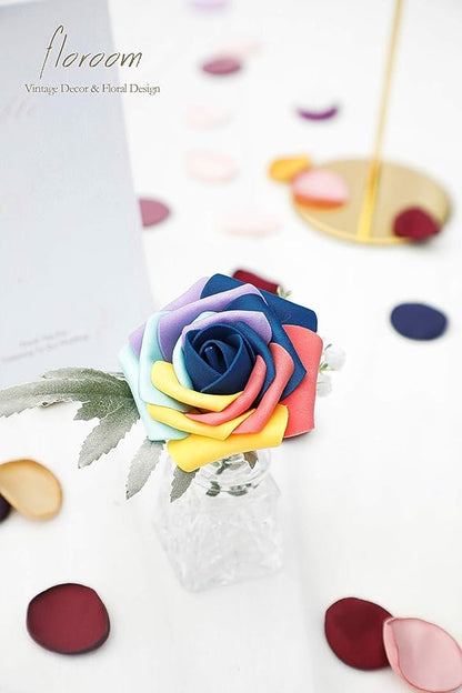 Floroom Artificial Flowers 25pcs Real Looking Whimsical Blue Foam Fake Roses with Stems for DIY Wedding Bouquets Baby Shower Centerpieces Floral Arrangements Party Tables Home Decorations