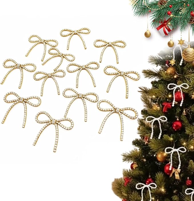 Christmas Bows Ornaments, Champagne Gold Glitter Rhinestone Bow Ornaments with Twist Ties, Sparkly Christmas Tree Bow Topper Decorations for Wreaths, Garland, Gift Wrapping (Champagne)