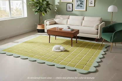 Checkered Wool Area Rug with Scalloped Border, Chartreuse Green & Cream Grid, Hand-Tufted, Soft Cut Pile, Modern Cottagecore Living Room, Bedroom & Nursery Carpet - 5x7 Ft