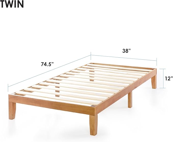 Mellow Naturalista Classic 12-Inch Solid Wood Platform Bed | Wooden Slats, No Box Spring Needed, Easy Assembly | Twin, Natural Pine