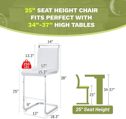 Bar Stools Set of 6,25" Counter Height Bar Stools with Footrest,White Faux Leather Kitchen Stools with Chrome Plated Metal Leg,Counter Height Stools Ideal for Island Pub Kitchen Counter Dining Chair