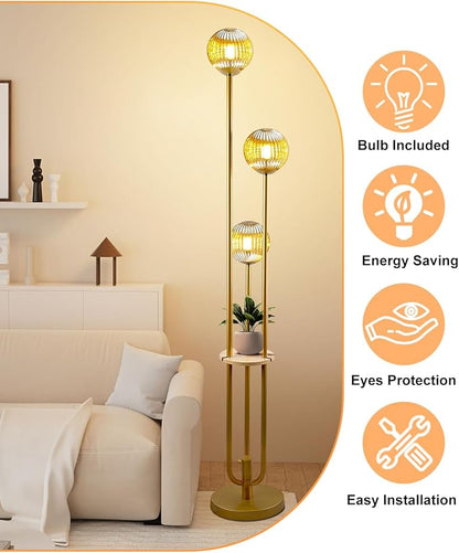 Glass Floor Lamp with Table, Gold Tall Standing Lamps Dimmable, 3000K Warmwhite Mid Century Modern Floor Lamp for Living Room/Bedroom
