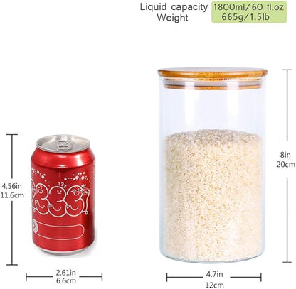 Glass Rice Storage Containers, 60 FL OZ (1800ml) Kitchen Food Jars with Airtight Lid, Stackable Clear Pantry Canister for Coffee Bean, Pet Treat, Flour, Loose Tea and More