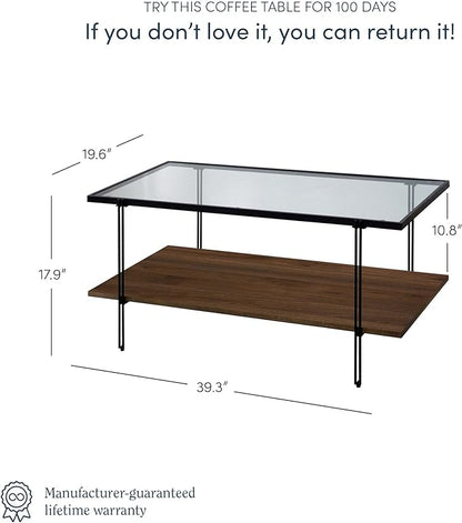 Nathan James Asher Mid-Century Rectangle Coffee Table Glass Top and Wood Finish Storage Shelf with Metal Legs, Walnut/Black