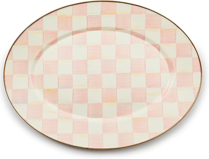 MACKENZIE-CHILDS Enamel Oval Platter, Serving Plate for Entertaining, Medium, Pink-and-White Rosy Check