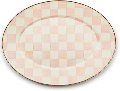 MACKENZIE-CHILDS Enamel Oval Platter, Serving Plate for Entertaining, Medium, Pink-and-White Rosy Check