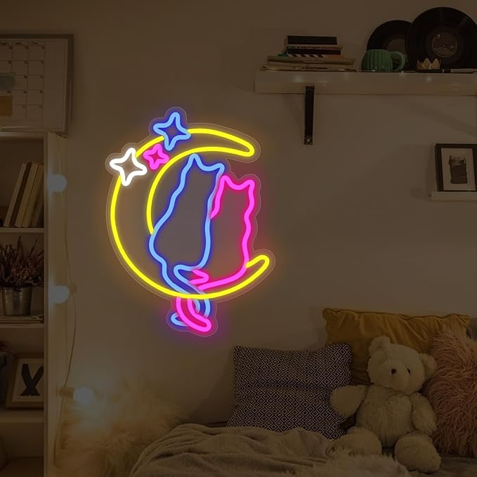 Moon Cat Neon Signs for Wall Decor Neon Lights for Bedroom Led Signs for Man Cave Bar Pub Kids Room Restaurant Christmas Birthday Party Pet Shop Gifts Led Art Wall Decorations