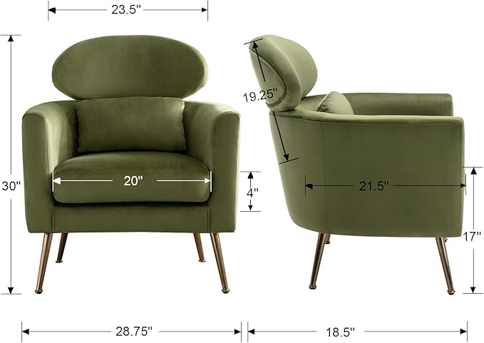 Velvet Accent Chair Comfy Living Room Chair Slipper Chair Mid Century Single Sofa Arm Chair with Golden Legs and Pillow for Bedroom/Guest Room, Olive Green