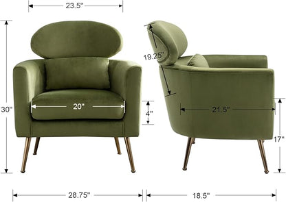 Velvet Accent Chair Set of 2 Comfy Living Room Chair Slipper Chair Mid Century Single Sofa Arm Chair with Golden Legs and Pillow for Bedroom/Guest Room, Olive Green