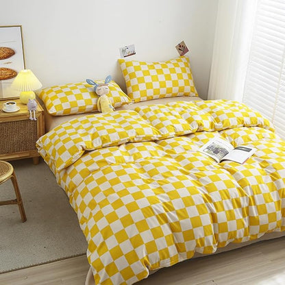 CLOTHKNOW Yellow White Grid Queen Comforter Set Plaid Bedding Comforter Sets Checker Queen Comforter Light Yellow Queen Size Comforter Sets