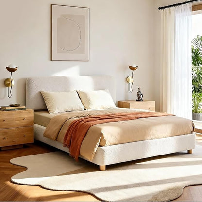 Full Size Cloud Bed Frame, Upholstered Boucle Bed Frame with Adjustable Headboard, Solid Wood Legs, Rounded Corners Design & Easy Assembly – Modern Platform Bed,Cream