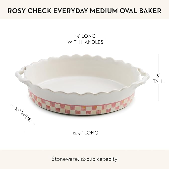 MACKENZIE-CHILDS Everyday Oval Casserole Baker, Cute Oven Baker, Medium, Pink-and-White Rosy Check