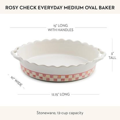 MACKENZIE-CHILDS Everyday Oval Casserole Baker, Cute Oven Baker, Medium, Pink-and-White Rosy Check