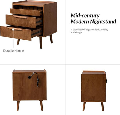 HULALA HOME Nightstand with Charging Station, Mid-Century Modern 2 Drawer and Open Shelf Bedside Tables, Wood Night Stand with USB Ports and Outlets for Bedroom Set of 2, Acorn