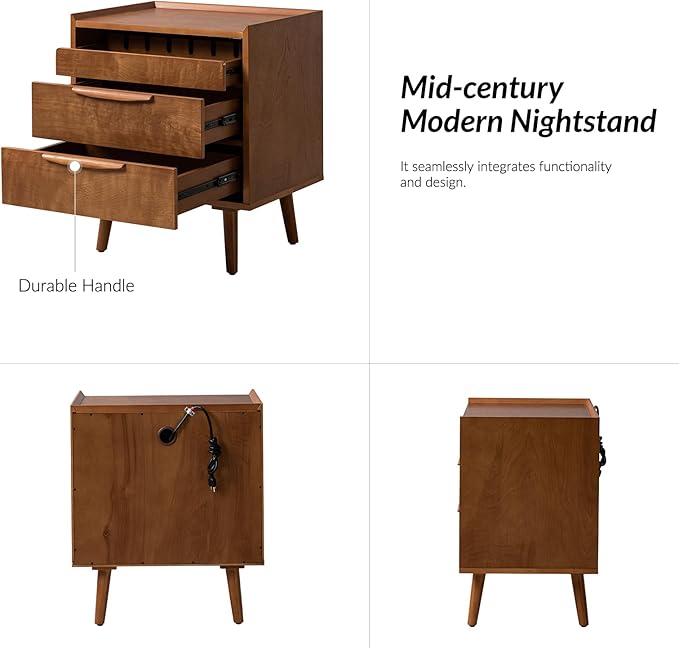 HULALA HOME Nightstand with Charging Station, Mid-Century Modern 2 Drawer and Open Shelf Bedside Tables, Wood Night Stand with USB Ports and Outlets for Bedroom, Acorn