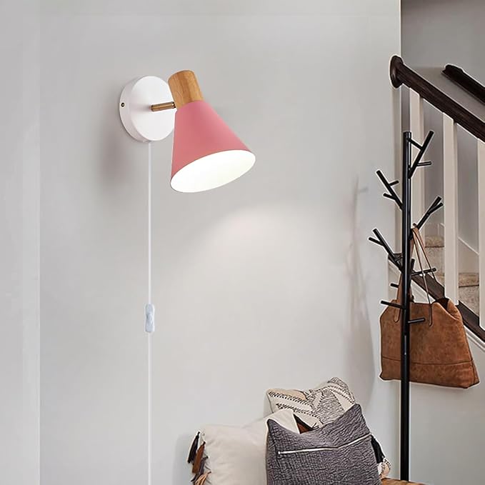 Plug in Wall Sconces Lighting Fixture Pack of 2, Wooden Adjustable Pink Bedside Wall lamp for Industrial Bedroom, Bathroom Sink Lighting (Plug-in Pink)