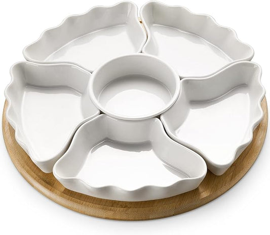DOWAN 360° Rotatable Serving Platters, 12 Inch Divided Serving Bowls for Party, Kitchen Decor, Removable Serving Dishes for Chips and Dip, Fruit, Veggies, Candy and Snacks, 7 Pieces, White