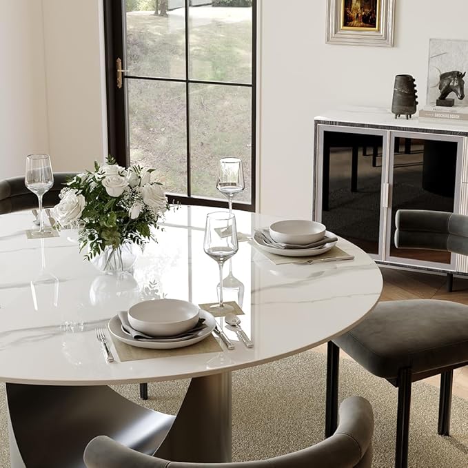 POVISON Round Dining Table for 4, 47" Glossy White Sintered Stone Top Dining Table with Grey Carbon Steel Pedestal, Modern Dining Room Table for Kitchen, Living Room (Table Only)