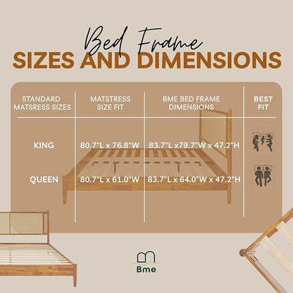 Bme Oliver Headboard Queen Size Bed Frame - 15-Inch Signature Design with Rattan Headboard, Bohemian and Mid Century Style, 12-Slat Wood Support, No Box Spring Needed - Easy Assembly, Caramel