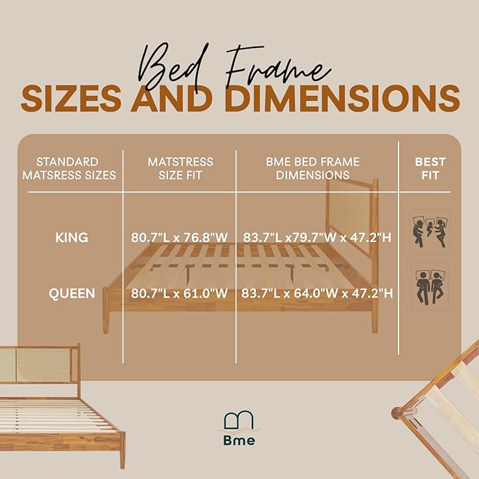 Bme Oliver King Bed Frame and Headboard - 15-Inch Signature Design with Rattan Headboard, Bohemian and Mid Century Style, 12-Slat Wood Support, No Box Spring Needed - Easy Assembly, Caramel