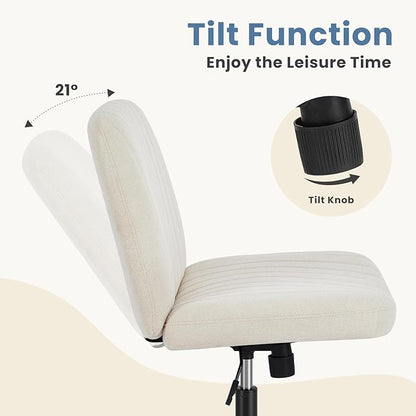 DUMOS Criss Cross Chair with Wheels, Wide Cross Legged Desk Vanity Chairs, Fabric Armless Adjustable Swivel Chairs for Home Computer Task, Beige
