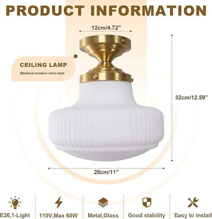 Mid Century Modern Flush Mount Ceiling Light Fixture Vintage Milk Glass Gold Close to Ceiling Lamp Schoolhouse Ceiling Light for Hallway Farmhouse Bedroom Kitchen