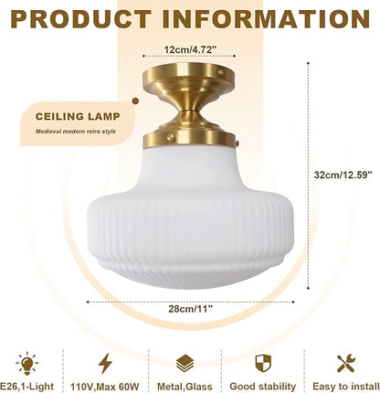Mid Century Modern Flush Mount Ceiling Light Fixture Vintage Milk Glass Gold Close to Ceiling Lamp Schoolhouse Ceiling Light for Hallway Farmhouse Bedroom Kitchen