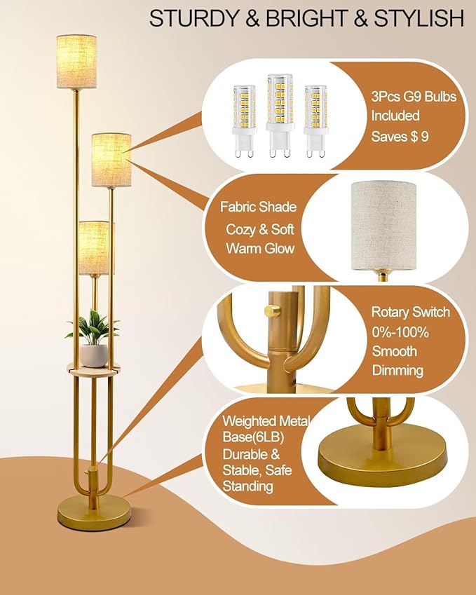 Gold Floor Lamp Dimmable 64IN Tall Standing Lamps with Soft Warm White Eye Care 3000K G9 Bulbs, Mid Century Modern Floor Lamp for Livng Room Bedroom