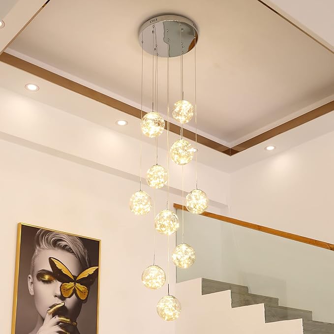 10-Light LED Staircase Chandelier Crystal Ceiling Lights Large Chandeliers for High Ceilings, Entryway Modern Lighting Fixture Villas and Stairs, Adjustable Length 16" W x79H，50W