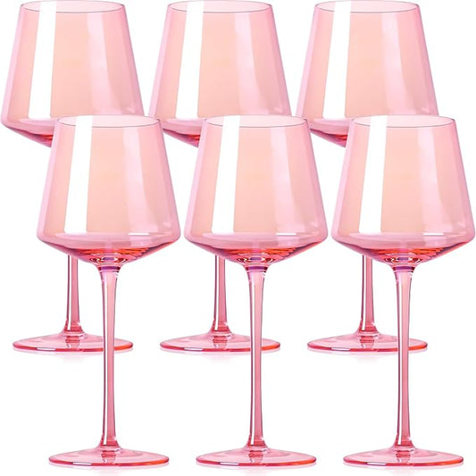 Physkoa Pink Wine Glasses Set of 6-16oz Hand-Blown Pink Wine Glass with Long Stem, Unique Red&White Wine Glasses For Christmas Party Home Bar