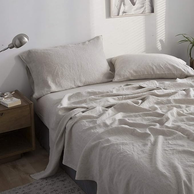 Simple&Opulence 100% Pure Linen Sheet Set King Size, Natural French Flax Solid Color 4 Pcs Washed Breathable, Farmhouse Bedding (1 Flat Sheet,1 Fitted Sheet,2 Pillowcases)-Embroidery Linen