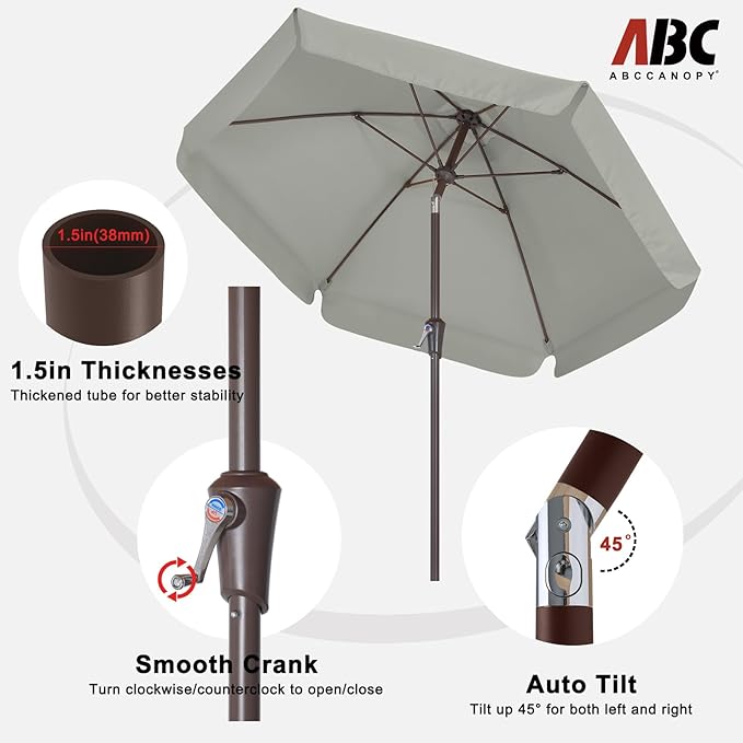 ABCCANOPY 7.5ft Scalloped Patio Umbrella, Outdoor Table Umbrella with Tilt and Crank, Fiberglass Ribs Deck Umbrella for Patio, Pool, Garden, Picnic (Light Gray)